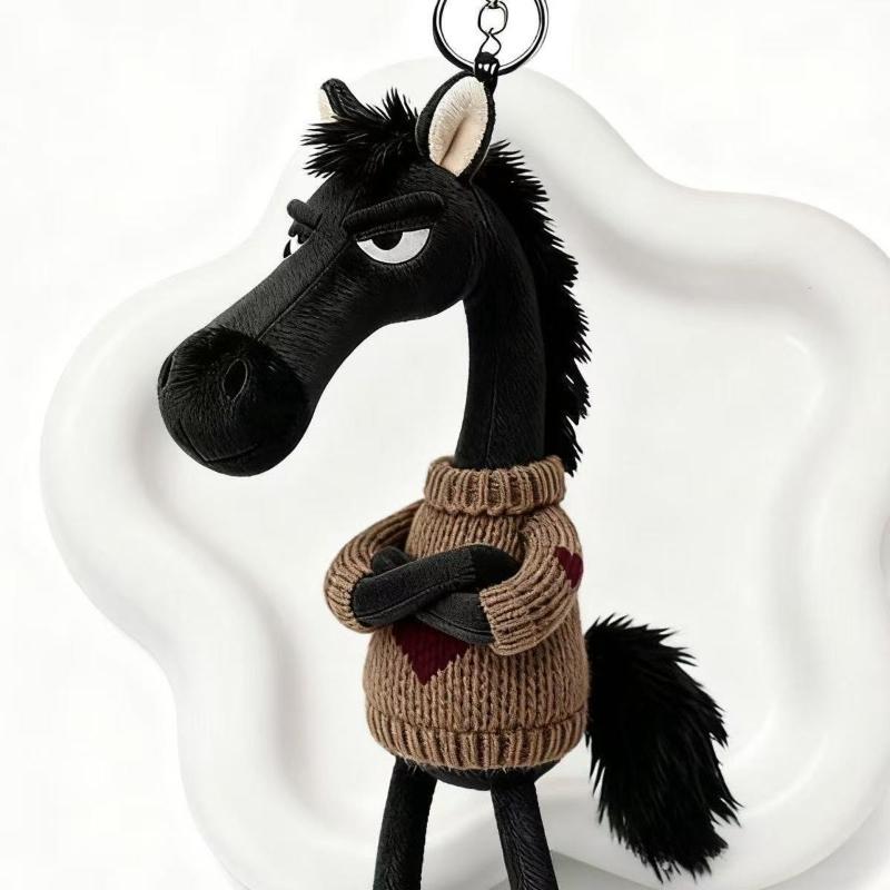 Popular Sky Selection High Cool Black Horse Keychains Soft Plush Mascot Car Pendant Sweater Knitted Baby Doll Key Rings for Women's Handbag Child Bags