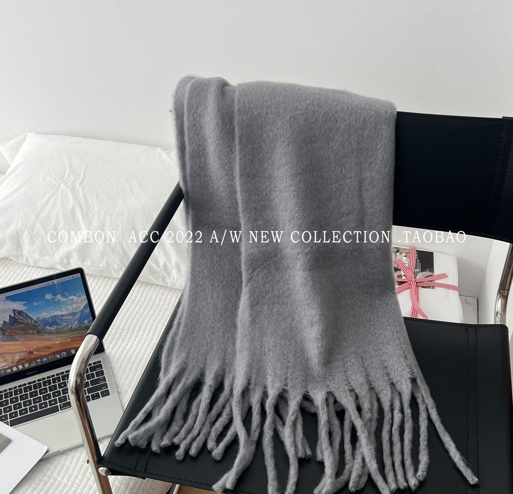 Winter new solid color versatile thickened scarf mohair fringed soft waxy warm student scarf women