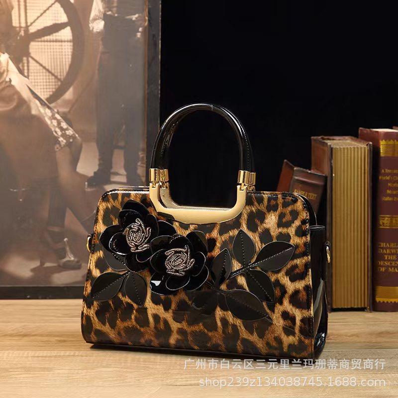 Solid Color Handmade 3D Embroidery Handbag Cross-Border Foreign Trade Exclusive Glossy Patent Leather Shoulder Tote Bag Crossbody Bag