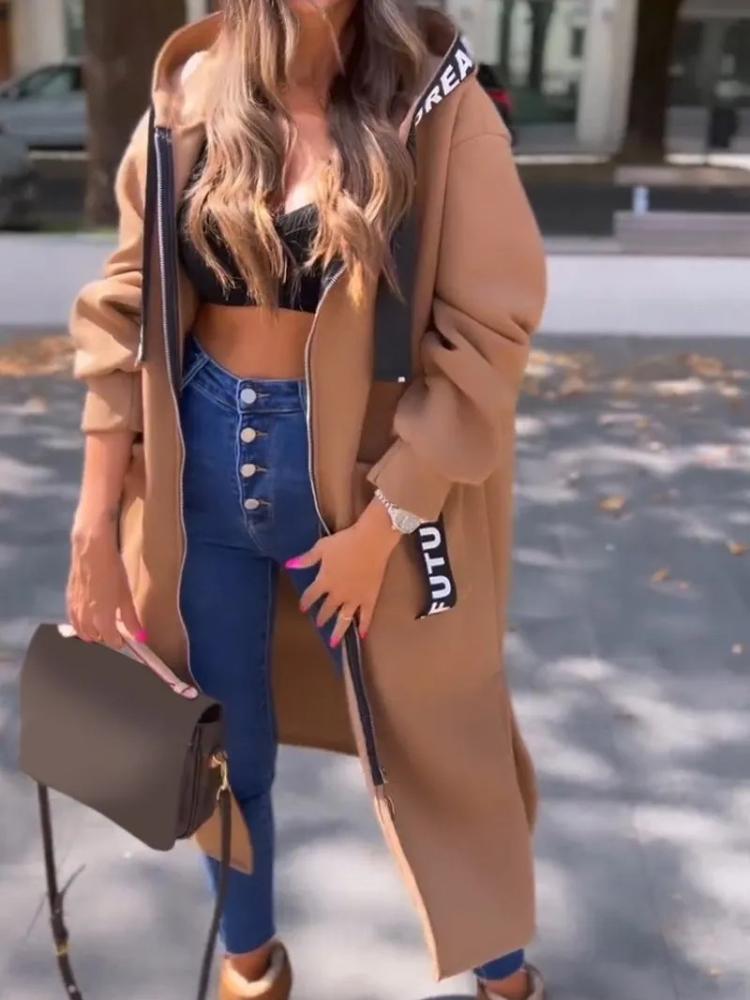 Mikina Cardigan Ženy Dlouhé kabáty s kapucí Splice Ležérní Zip Kabát Kapsa Outwear Pevná bunda