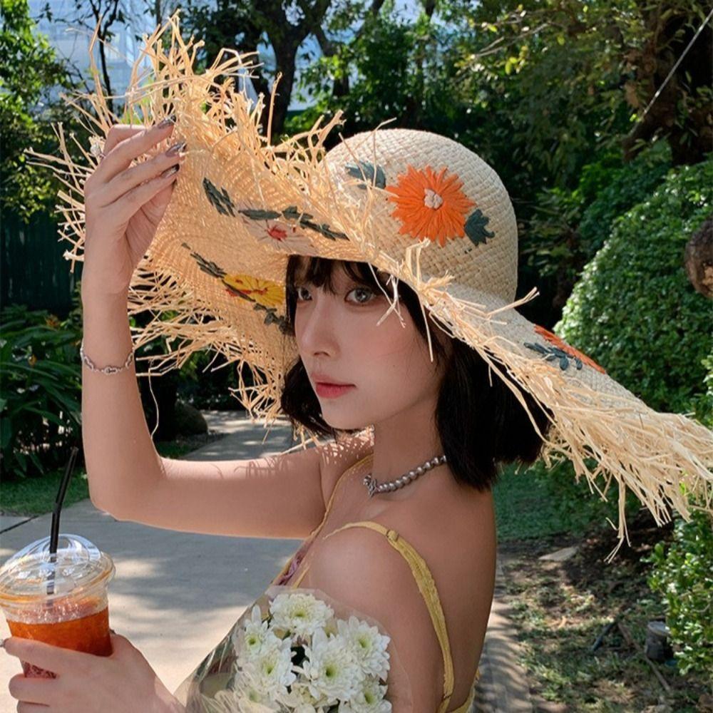 Casual Boho Lafite Grass Hat Wide Brim Foldable Weave Hat Breathable Korean Style Embroidered Flower Straw Hat Outdoor