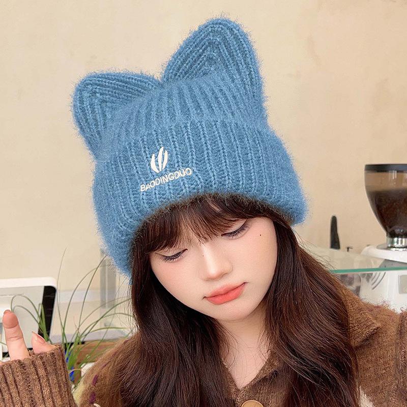 

Зимняя милая шапка с ушками из шерсти, женская простая новая вязаная шапка, теплая модная шапка для защиты ушей, тренд