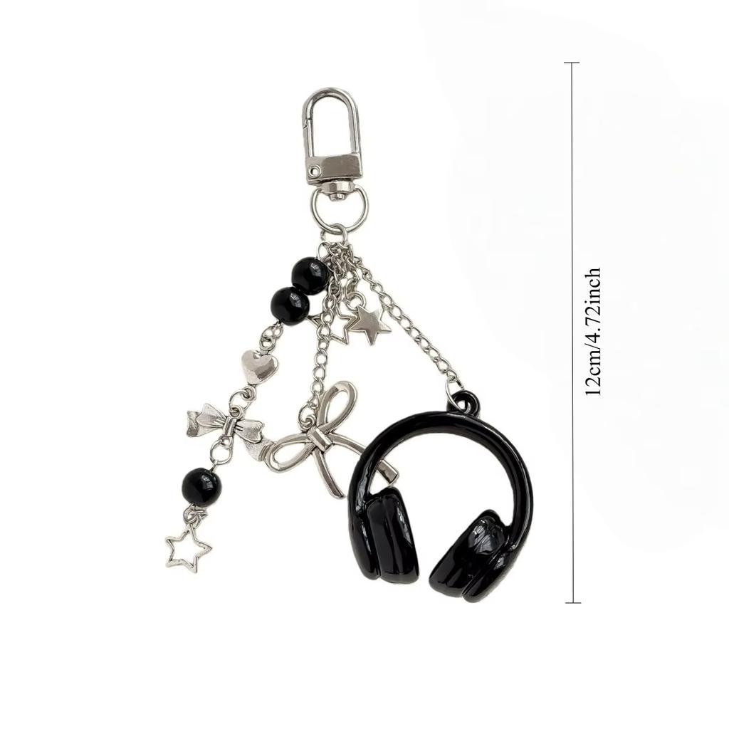 Gothic Headphone Silver Metal Star Bow Beaded Tassel Charm Trendy Aesthetic Bag Pendant For Teen Girls Best Friend Bag Charm
