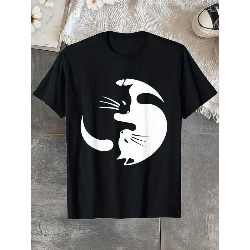 European Size Yin Yang Cat Graphic T-Shirt – Soft 100% Cotton, Black & White Cute Kitty Design, Unisex Short Sleeve Tee for All Seasons