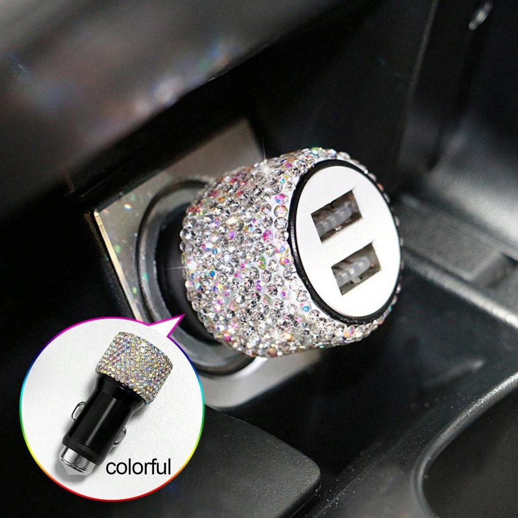 1pc Bling Bling Rhinestone Studded Car Charger, Fast Charging, USB A/C Car Phone Charger, Heart-Shaped LED Display Rhinestone Car Charger Adapter