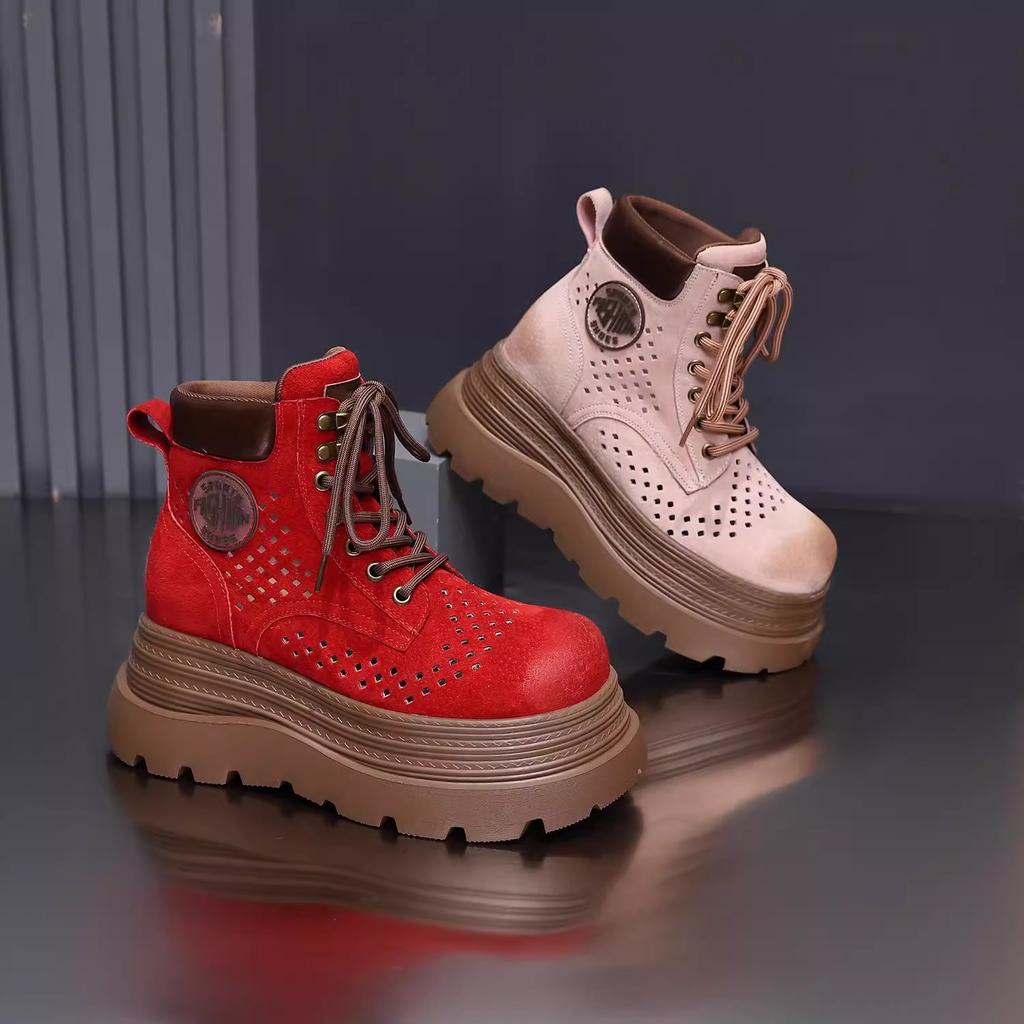 Outdoor hollow Martin boots women's 2025 summer new popular breathable inner height increase pink small thick-soled short boots