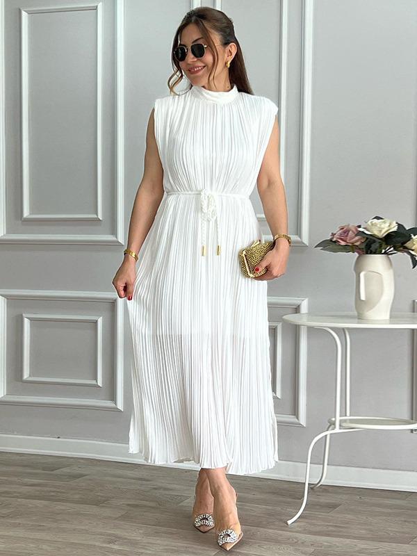 2024 Summer Women's Pleated Tie-Waist Mid-Length Dress