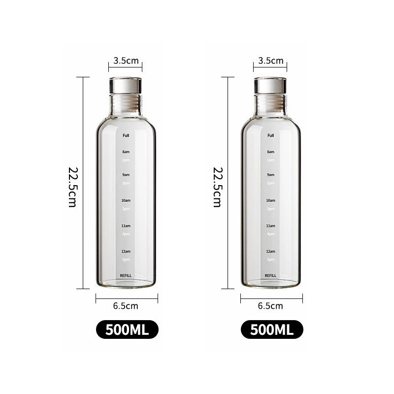 2pcs 300-1000ml Clear Glass Water Bottle Large Capacity with Time Marker Cover for Water Drink Outdoor Portable Milk Juice Cup