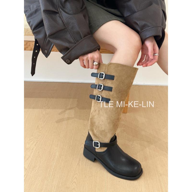 

Korean British style women s long boots, belt buckle color matching pile boots, medium tube knight Martin boots, but knee-thin boots 39 хаки