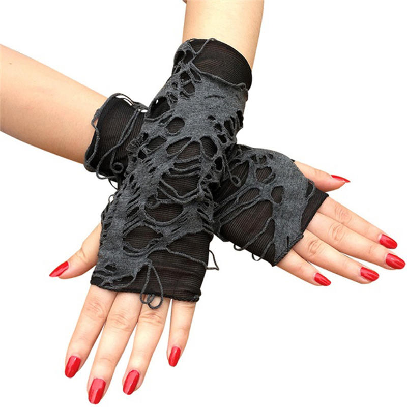 Women Punk Winter Ripped Arm Warmer Knitted Stretchy Soft Fingerless Gloves for Christmas Halloween Party Costume
