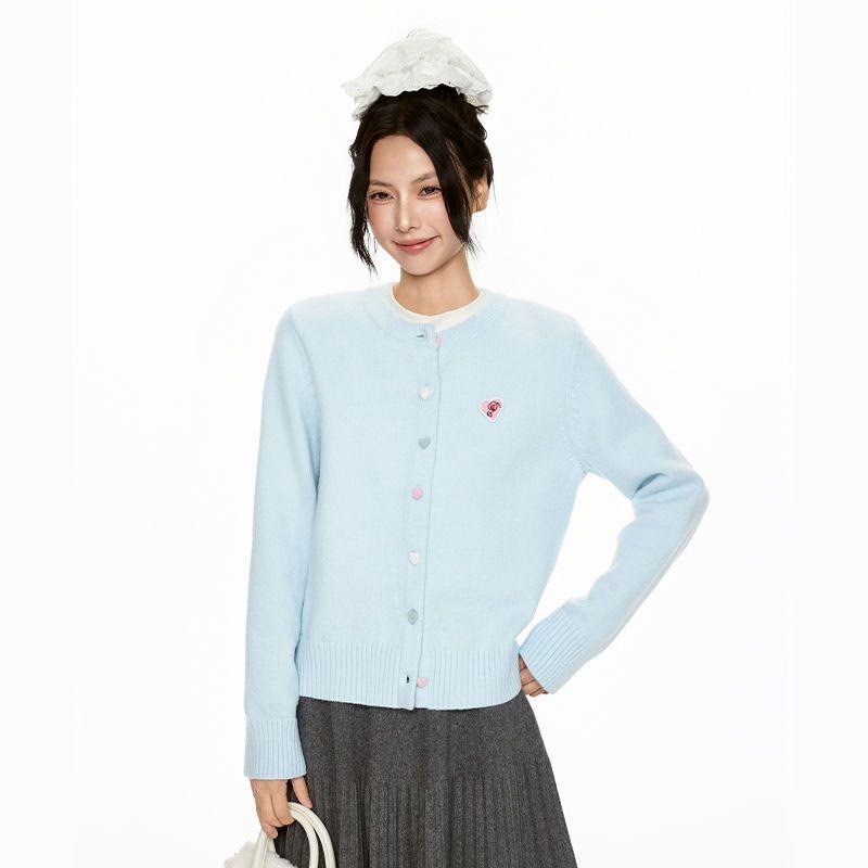 

Blue Embroidered Long Sleeved Cardigan New Colored Button Stand Up Collared Knitted Sweater Autumn Fashion Women s Slimming Top Onesize синий