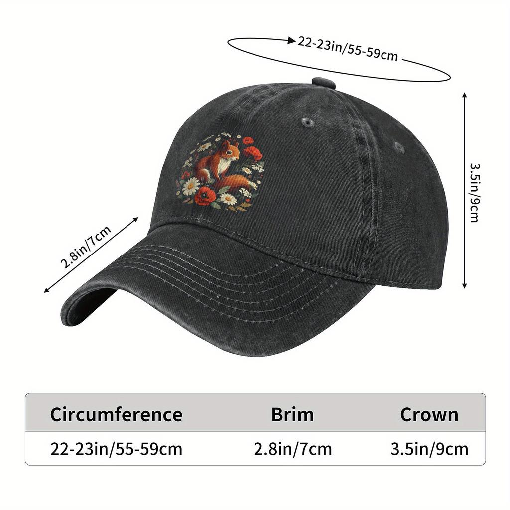 Cottagecore Squirrel Floral Print Baseball Cap Aesthetic Wildflower Adjustable Washed Casual Cap for Unisex