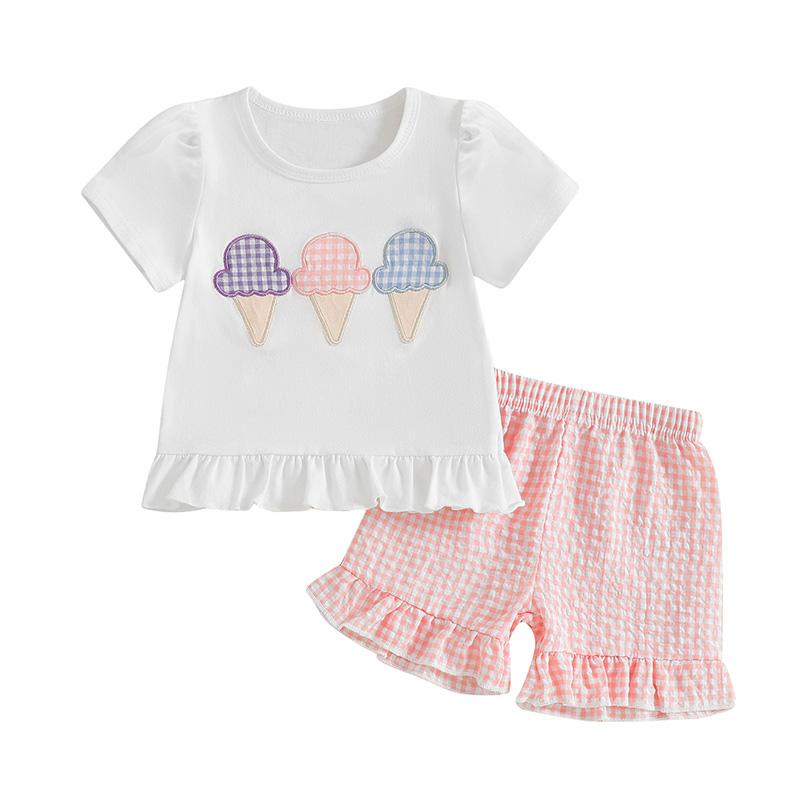 

Toddler Baby Girl Summer Clothes Ice Cream Embroidery Short Sleeve Round Neck Tops + Plaid Print Ruffled Shorts 3-6M розовый