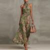 European Style Women Clothing Pleated Off-shoulder Print Sexy Spaghetti Strap Maxi Dress