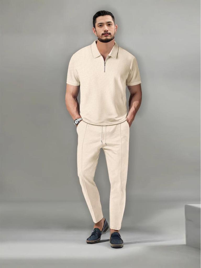 2023 Autumn Men's Solid Color Waffle Lapel Short Sleeve Zipper Suit