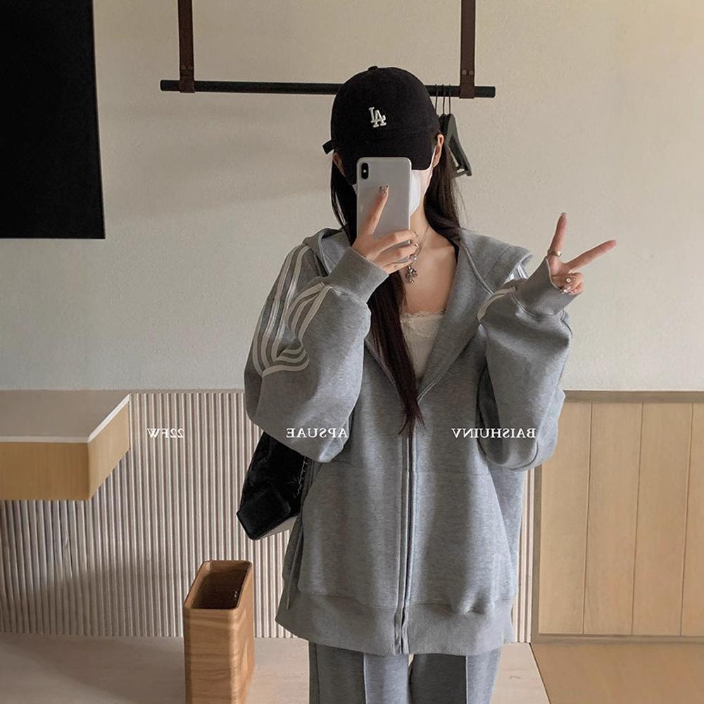 Cárdigan Sudadera Oversize Azul para Mujer, Estilo Coreano 2025, Diseño de Hombro Recto, Corte Holgado, Perfecto para Primavera y Otoño.