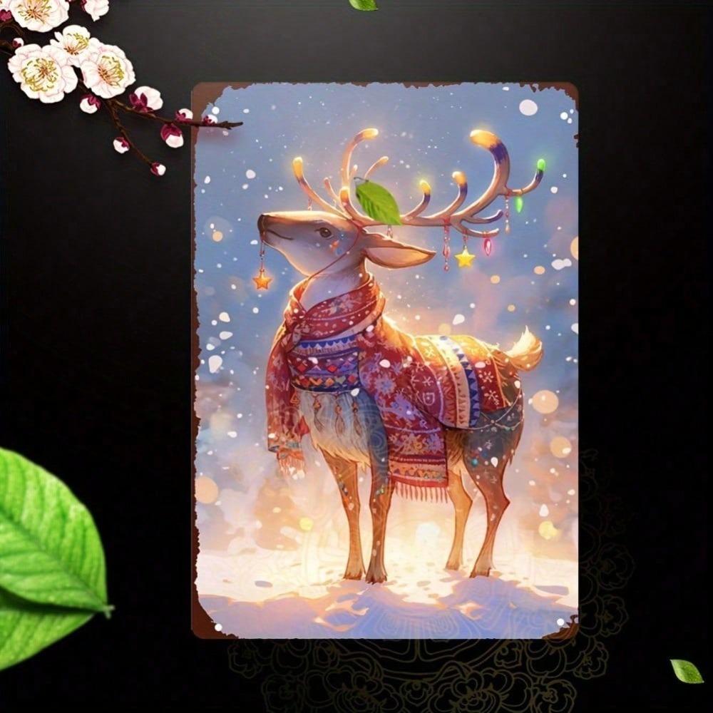 Retro Metal Reindeer Sign 2D Flat Christmas Wall Art Rustproof Tin Painting for Home Bar Indoor Outdoor Decor