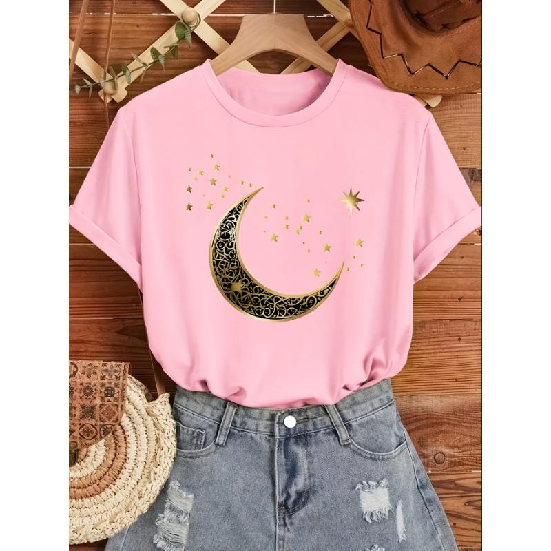 Moon print round neck top T-shirt
