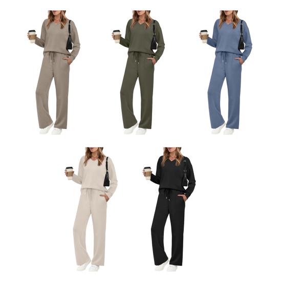 Tenues deux pièces pour femmes Décontractées Automne Tenues d'intérieur Sweatshirts Manches longues Col en V Pantalons larges Ensembles assortis