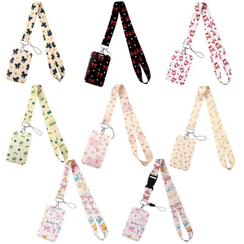 Cute Bow Pattern Lanyard with Clear ID Badge Holder Detachable Durable Strap for Outdoor Activity Pass Office Work Use
