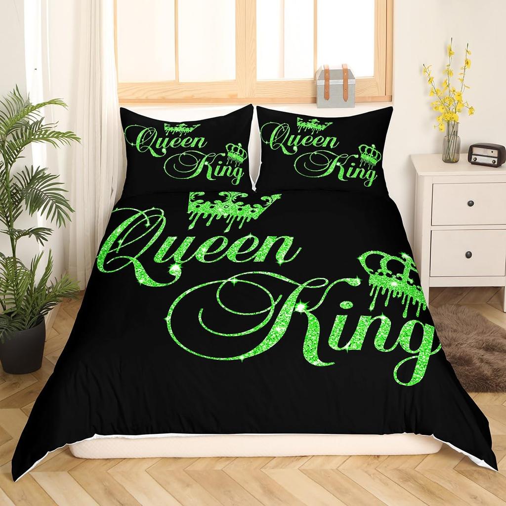 Crown Queen and King Couple Duvet Cover His and Hers Bedding Set Pink Comforter Cover Lover Romantic Valentine's Day Quilt Cover