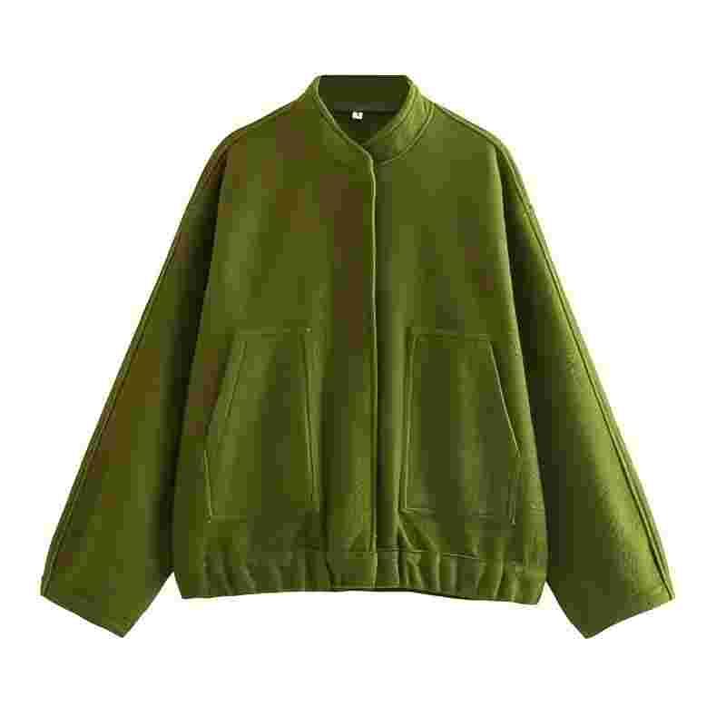 Damen Casual Loose Stehkragenjacken Frühling Warm Grau Knopf Langarm Bomber Mode Plüsch Solide Weibliche Oberbekleidung