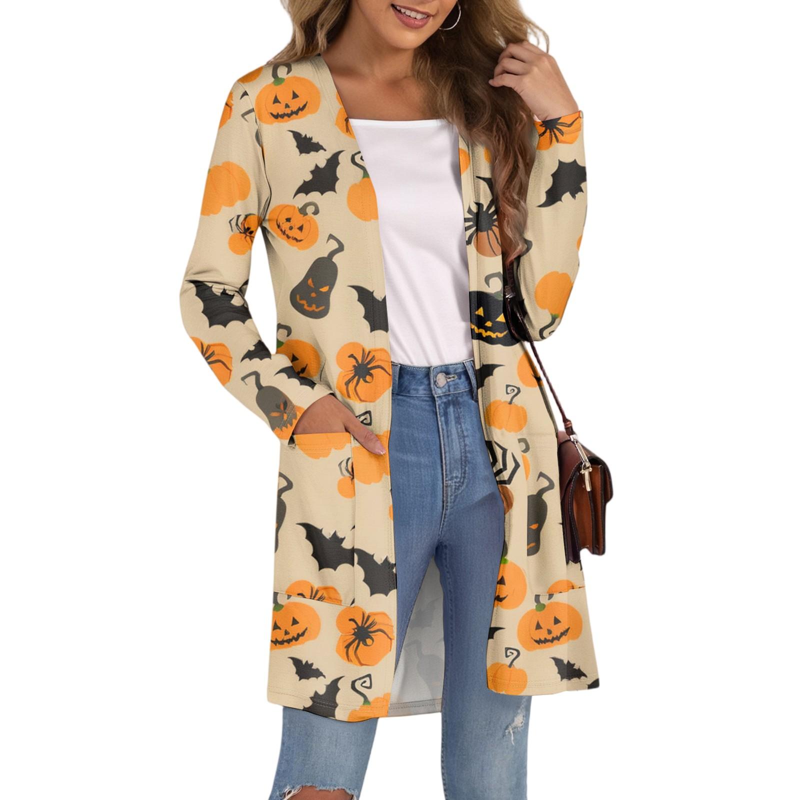 

Женский модный повседневный удобный кардиган средней длины с принтом на Хэллоуин и карманами L