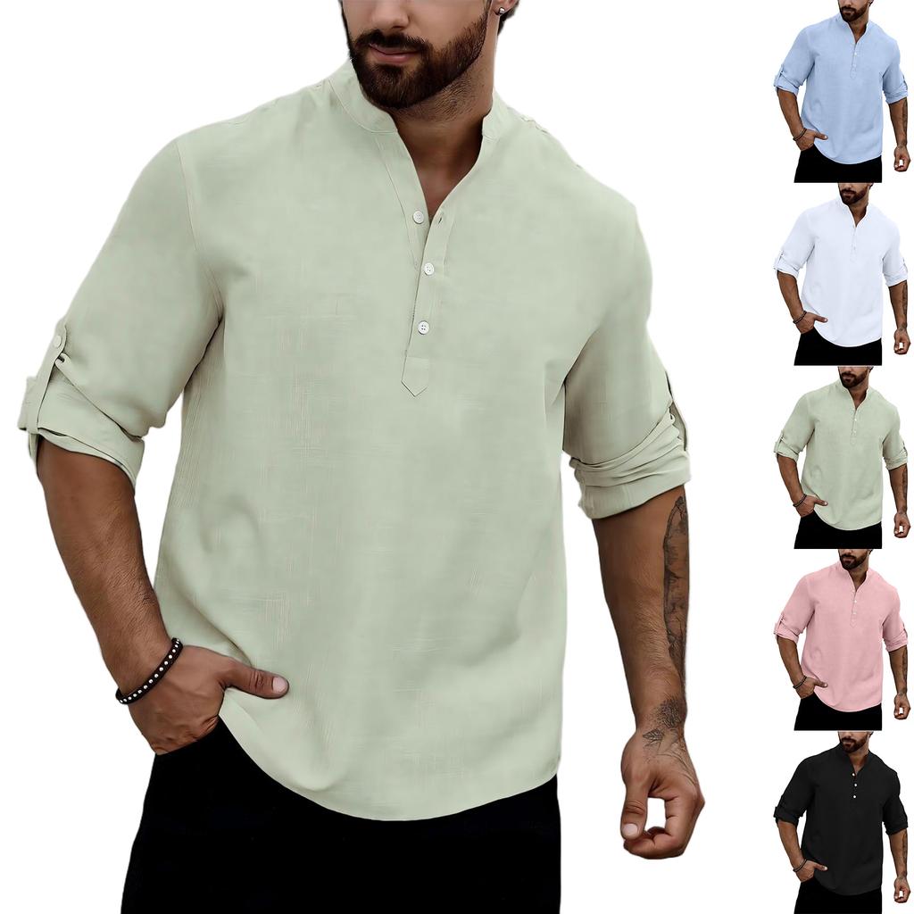 Men Henley Collar Long Sleeve Casual Shirt Lightweight Breathable Fabric Relaxed Fit Roll Up Sleeve Tunic Top