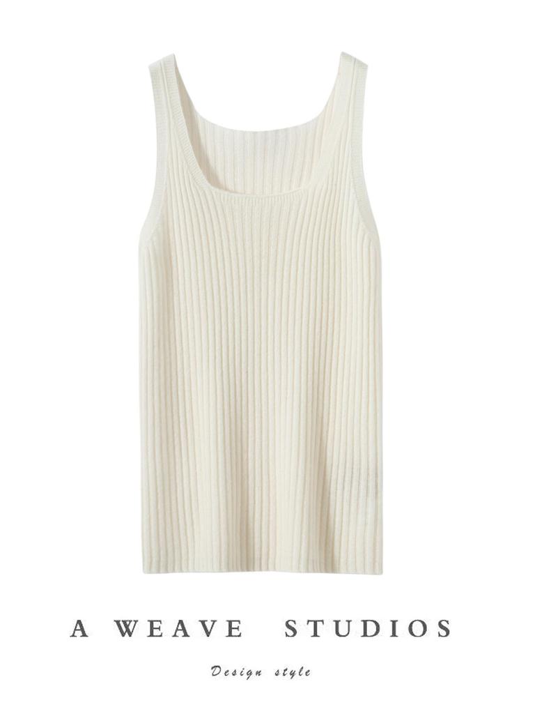 100% Pure Cashmere Ribbed U-Neck Camisole – Solid Color Slim Fit Base Layer Top