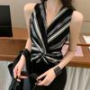 French Retro V-Neck Striped Vest Pleats Irregular Sleeveless Slim Knitted Top For Women
