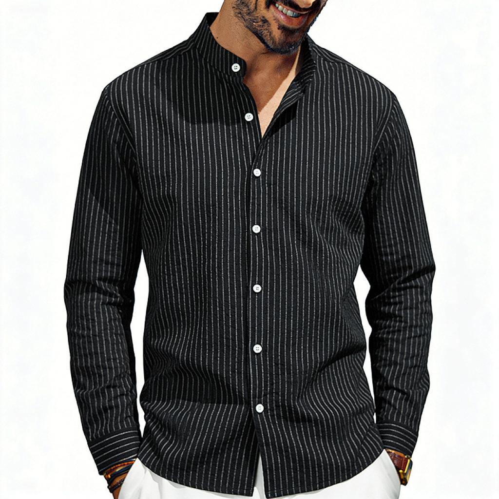 Men Casual Business Loose Stand Collar Long Sleeve Vertical Stripe Shirt