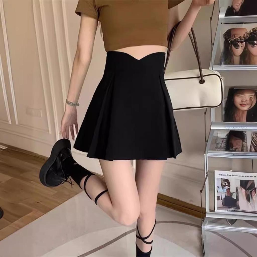 Summer 2024 Women's Black High-Waist Pleated Midi Skirt - Slimming Casual A-Line Bodycon