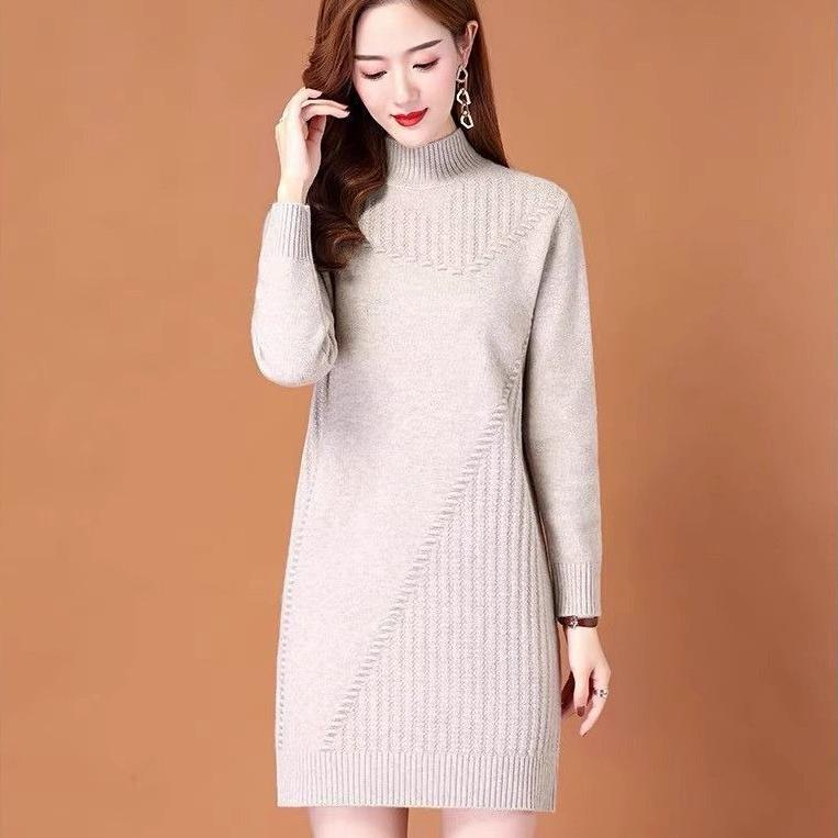 Half Turtleneck Knitted Dress for Women In Autumn and Winter Solid-color Long-sleeved Pullover Mid-length Casual Solid-color Sweater