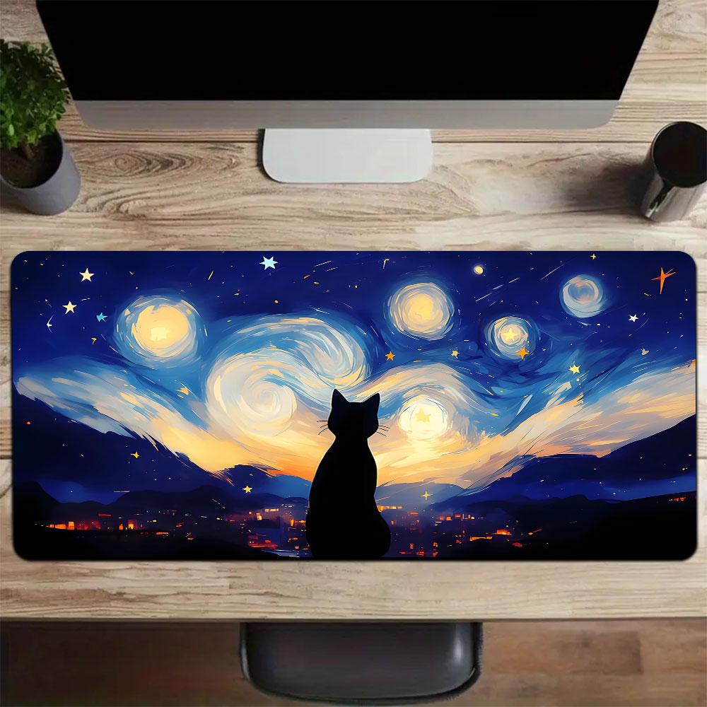 Sternenhimmel mit schwarzer Katze Großes Gaming-Mauspad Wasserdicht Rutschfest