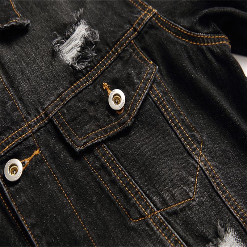 Evropská a americká jarní a podzimní nová černá roztrhaná džínová bunda s kapsami ve švu, bavlněná jednořadá volná džínová bunda pro mládež