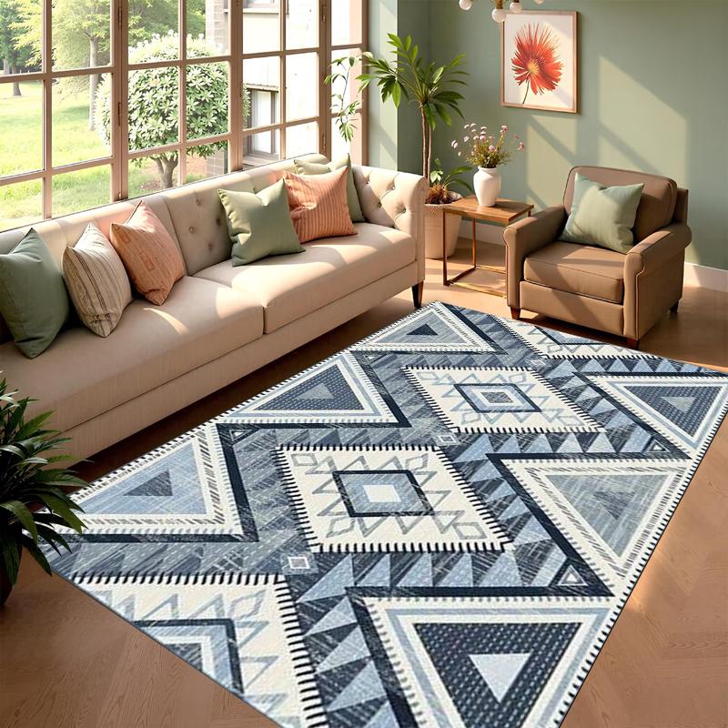 Dark Blue Geometric Pattern Carpet Rug Mat Home Decoration Abstract Square Line Design Modern Style Navy Blue Floor Mat