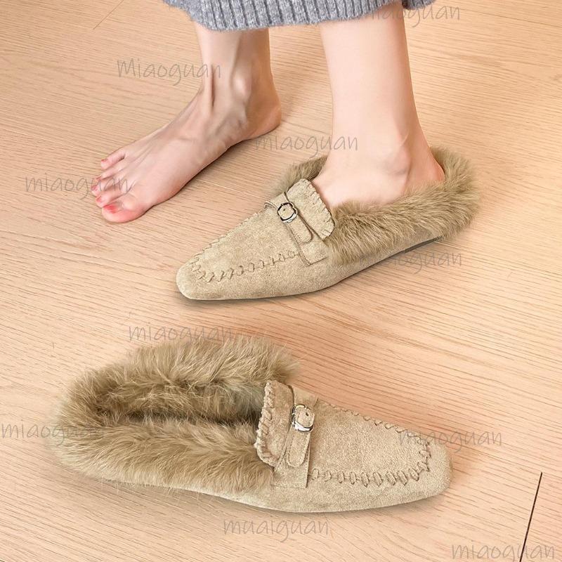 Ciabatte da donna alla moda a punta con fibbia e cinturino, mules con zeppa, calzature invernali calde e casual per donna, pantofole morbide Mujer