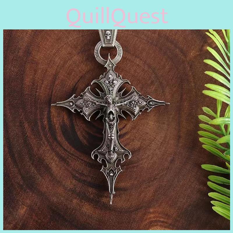 Unique Vintage Gothic Cross Skull Pendant Necklace With Eye-catching Pearl Chain Design