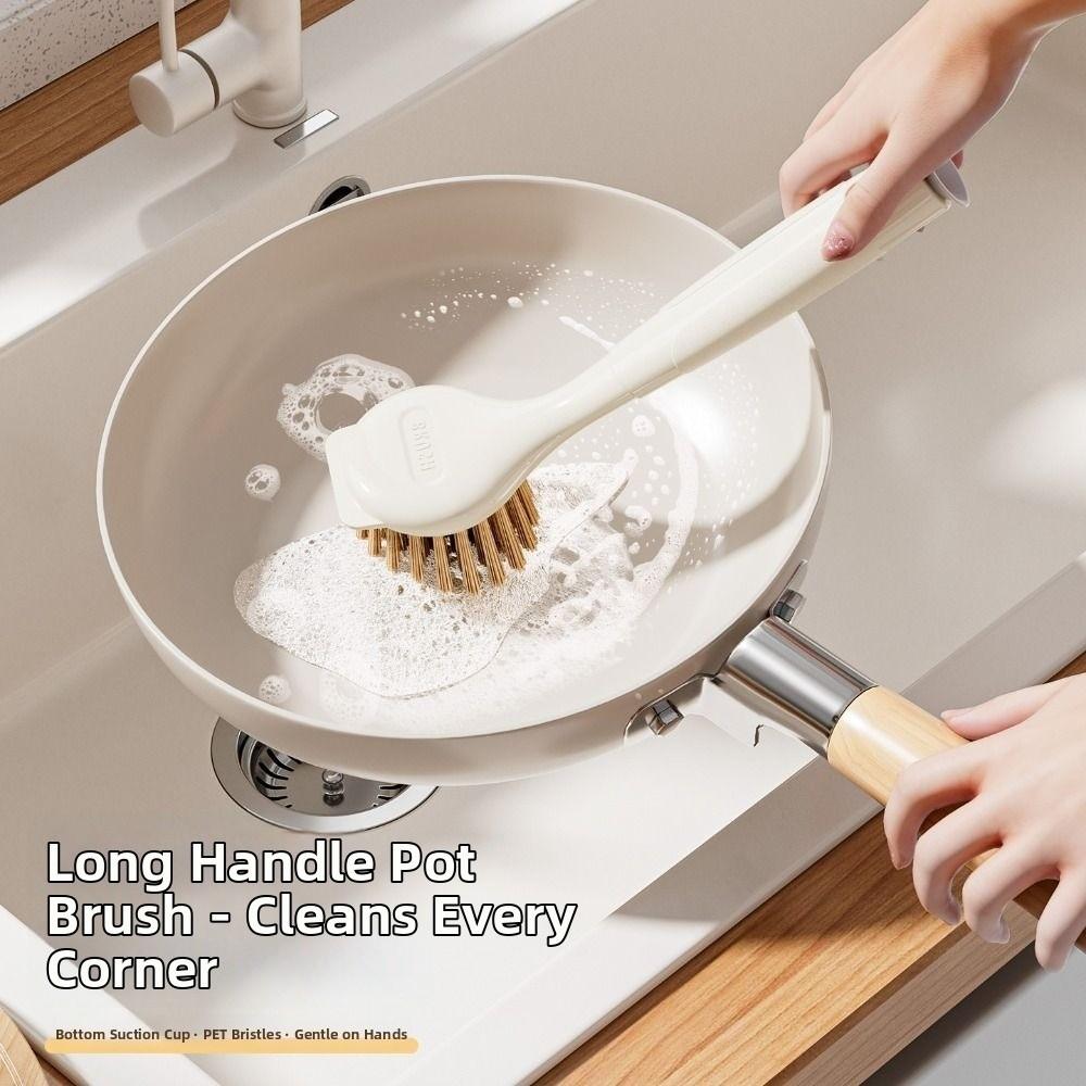 Long Handle Pot Brush Multipurpose Durable Dishwashing Brush with Suction Cup Bracket Dish Scrubber for Kitchen Pots Dishes Sink