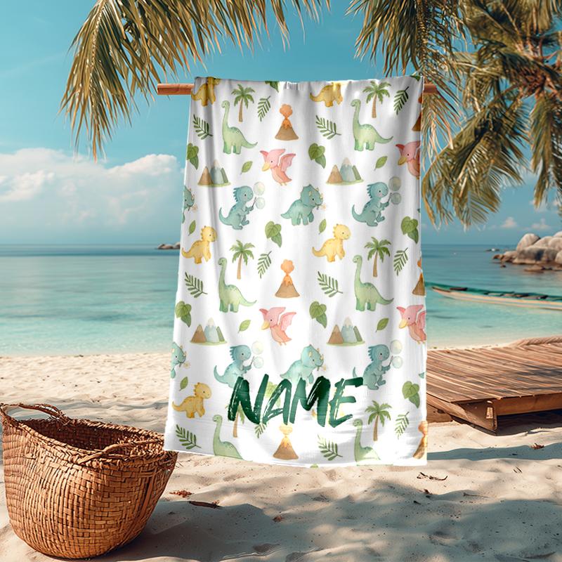 Custom Name Ultra-Soft Beach Towel with Dinosaur Theme,Ideal for Pool - Camping, Diving - Perfect Travel Essential, Vibrant Beach Towel.