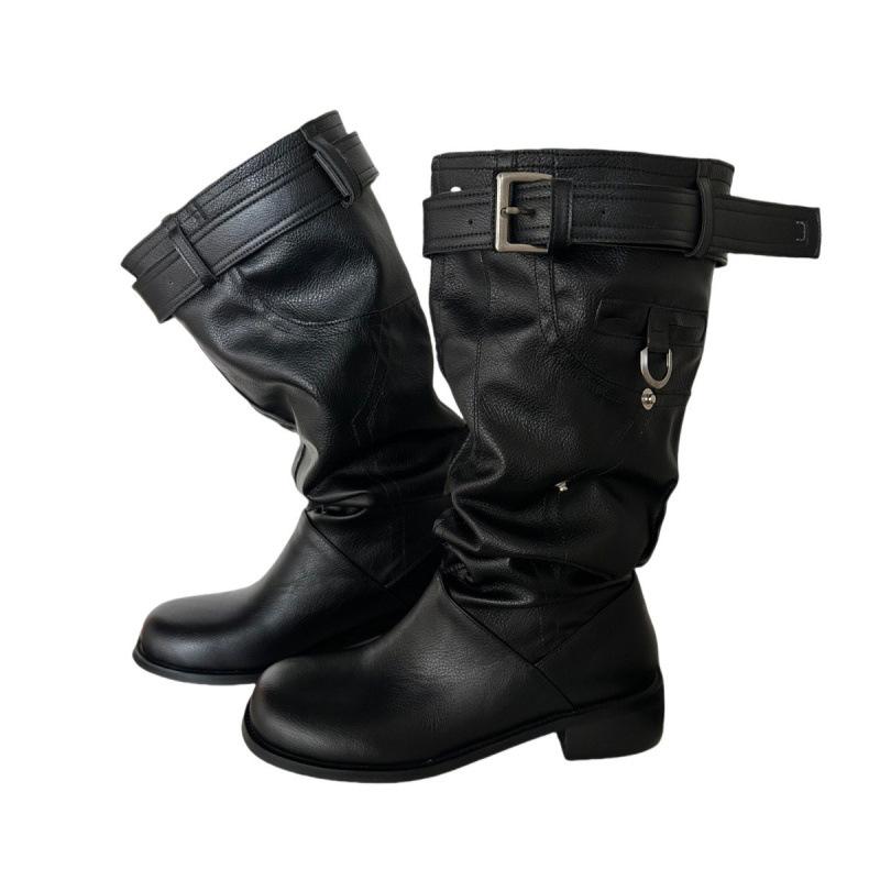 

Cowhide version but knee boots women s new thick heel round head thin tall knight boots pleated pile boots 40