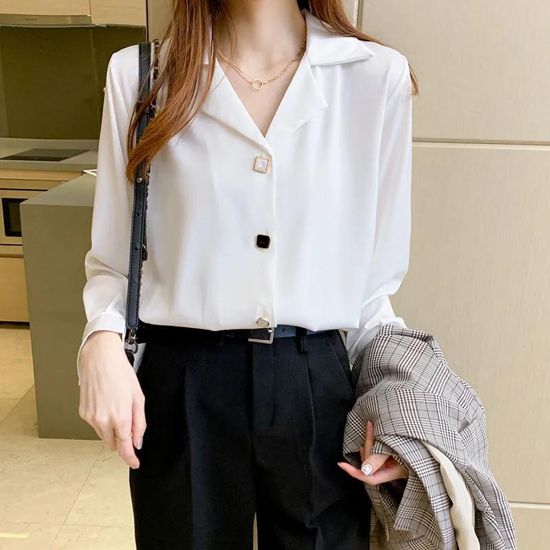 Autumn Simple Ice Silk Long-sleeved Shirt Women's Suit Collar Slim Professional Loose Chiffon New Style