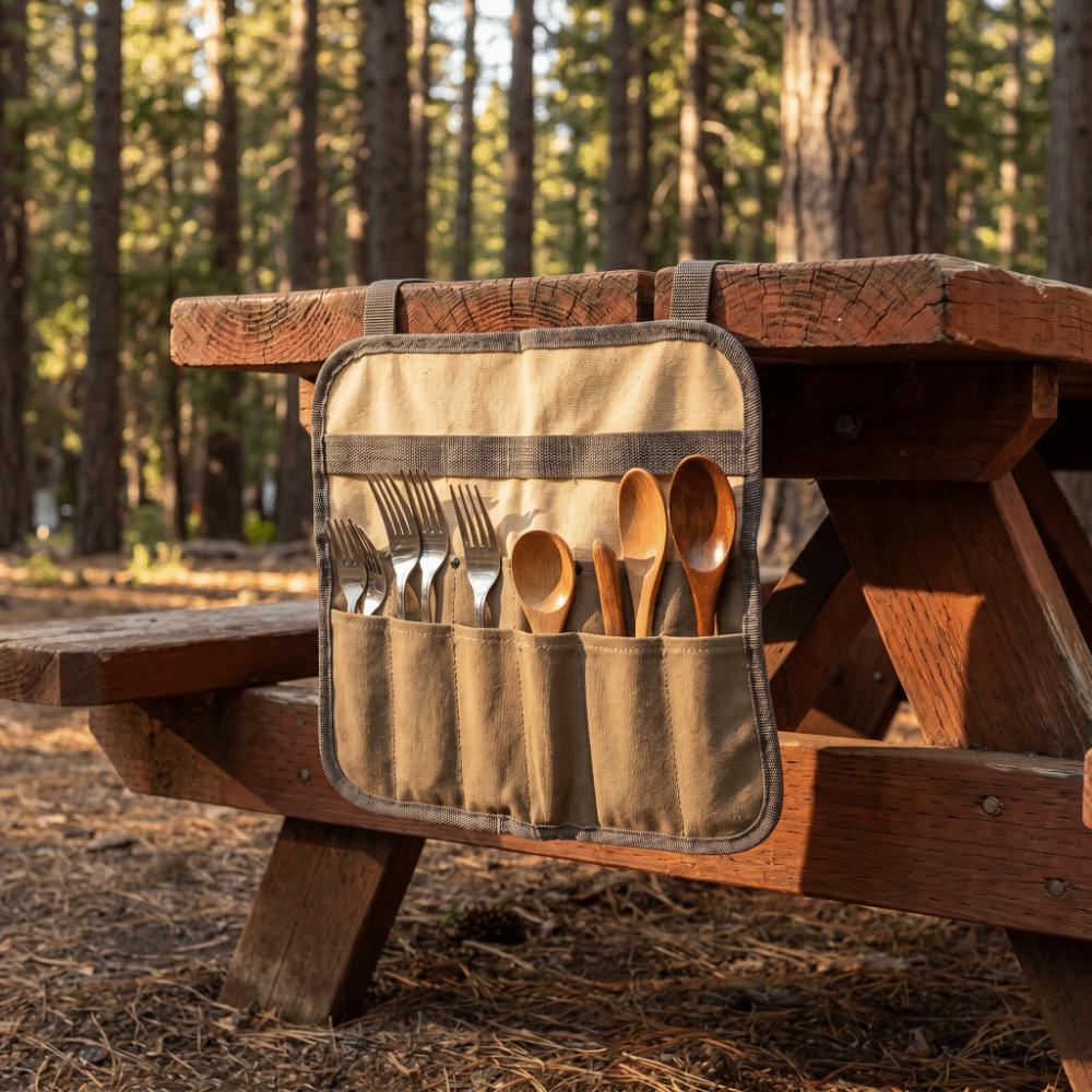 Canvas Cutlery Storage Bag Khaki Tableware Roll Bag Camping Organizer Bag  Outdoor BBQ
