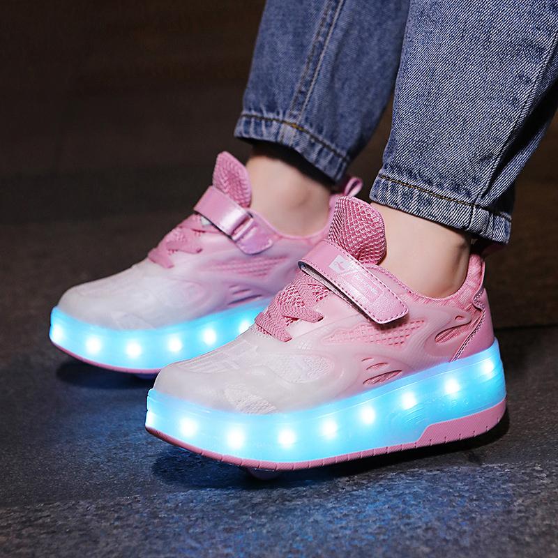 Boys Lights Sports Shoes Rubbing Shoes Charging /Disassembling Tow Wheels Slide Shoes LED Kids Glowing Sneakers