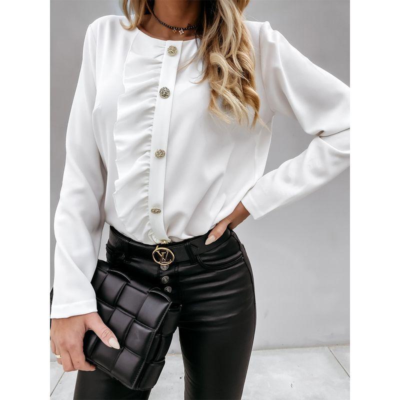 Long Sleeve Ruffle Button Blouse2022 Autumn Long Sleeves Ruffles Button Blouses