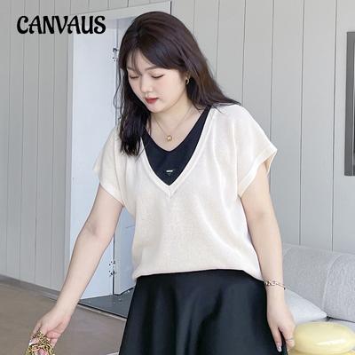Summer Women's T-shirt Plus Size Hollow V-neck Loose Knitted Short-sleeved Tops