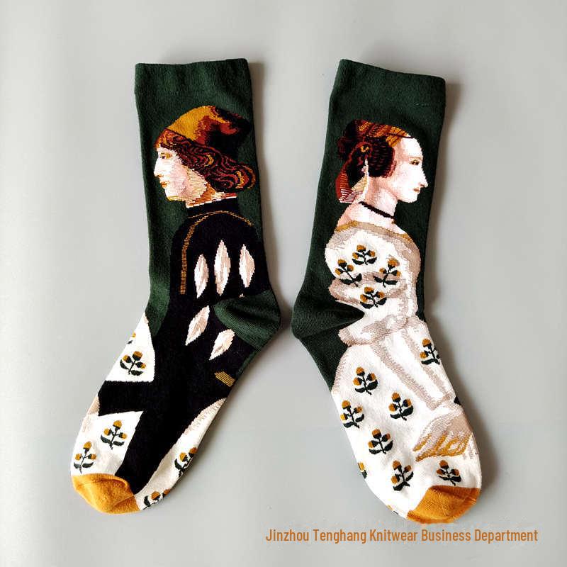 Șosete la modă cu pictură în ulei franceză: Șosete de vițel colorate, cu tub mediu-înalt, de nișă, la modă pentru femei