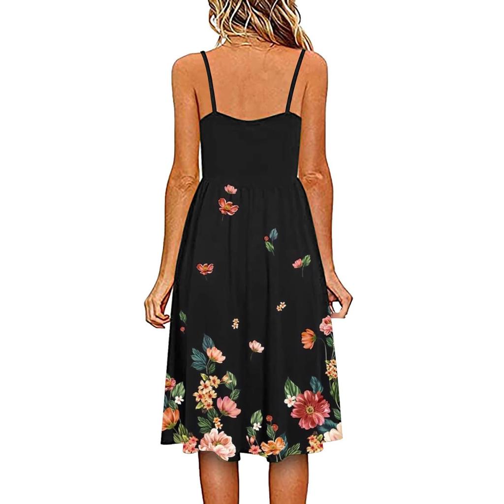 Women's Summer Dress V Neck Spaghetti Strap A-Line Fashion Tank Top Casual Beach Dress