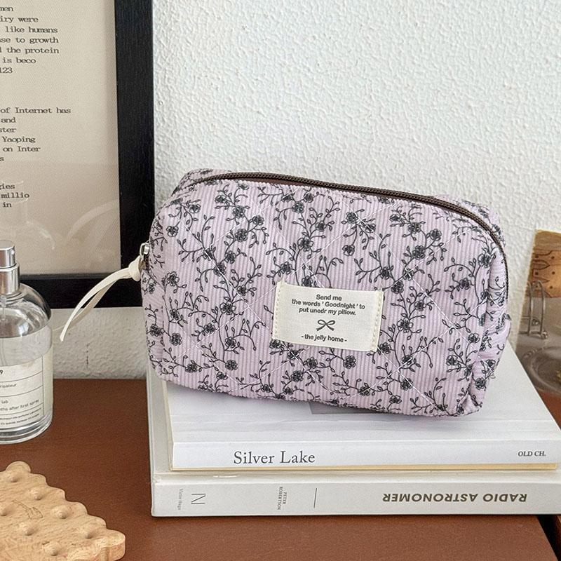 

Floral Print Corduroy Makeup Bag for Women Girls Tote Makeup Organizer Case High-Aesthetic Vintage Rose Pattern Cosmetic Case