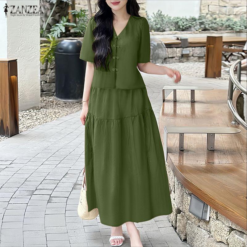 ZANZEA Women Short Sleeve Blouse and Long Skirts Summer Two Piece Suit Sets